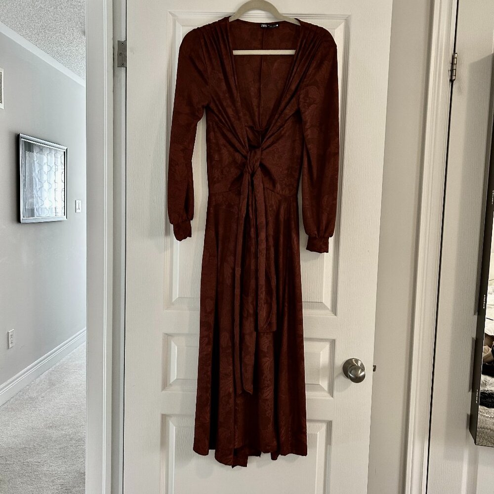 Zara Deep Burgundy Jacquard Midi Dress – Size S - Picture 2 of 6